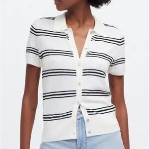 Madewell Top Womens Large Stripe Knit Short Sleeve Button Up Polo Sporty Prep